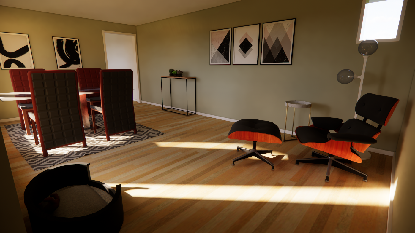 A sunbathed dining room with a four-seater dining table, an adjacent armchair and dog bed.