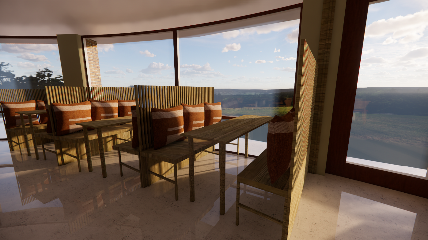 In-built, wooden booths in the window of a visitor centre cafe.