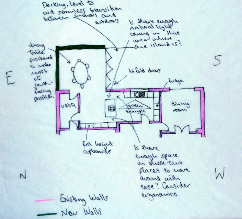 Hand-drawn floor plan showing existing walls and proposed extension.