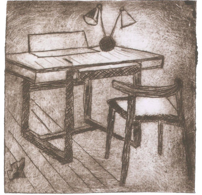 drypoint etching showing a desk with a chair