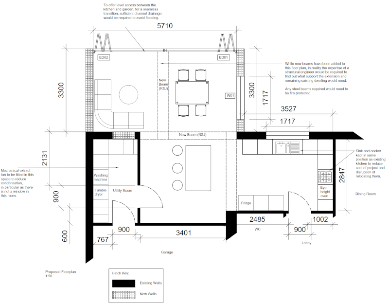 Floor plan showing an extension to a kitchen